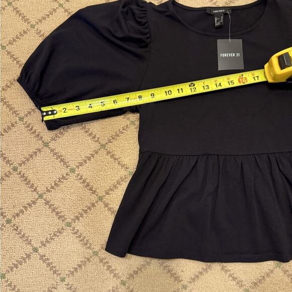 Forever 21 black cropped ruffle peplum style  top with puffed sleeves NWT S - Picture 5 of 10